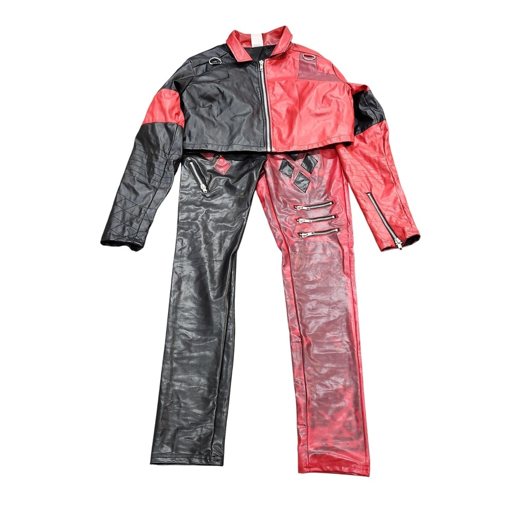 Suicide Squad Harley Quinn Costume Set Red Black Faux Leather Jacket Pants L